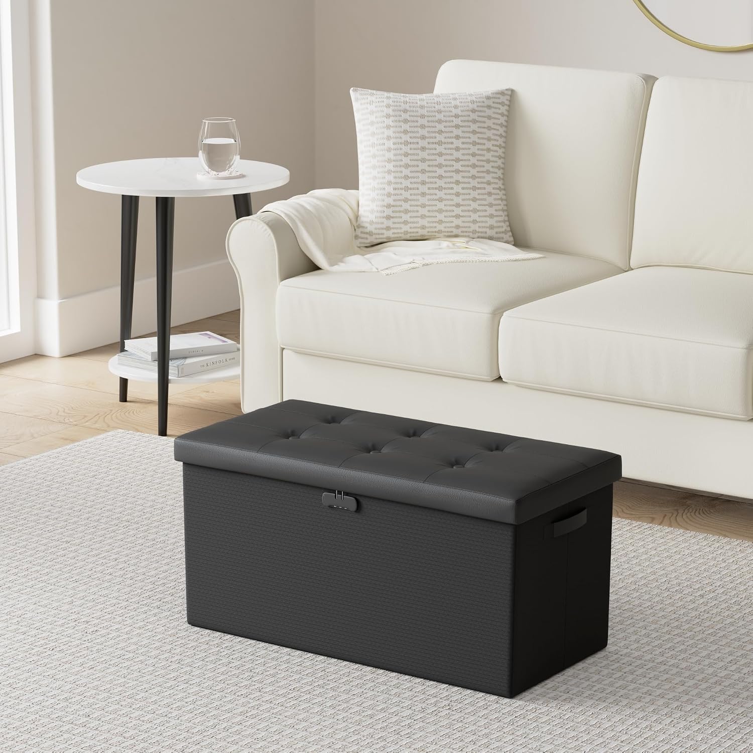 DocSafe Storage Ottoman Bench with Lock,Fireproof 30 Inches Folding Bench Foot Rest Stool Storage Chest Safe for Living Room,Bedroom,Home Office,Waterproof Leather Ottoman with Handles,Black