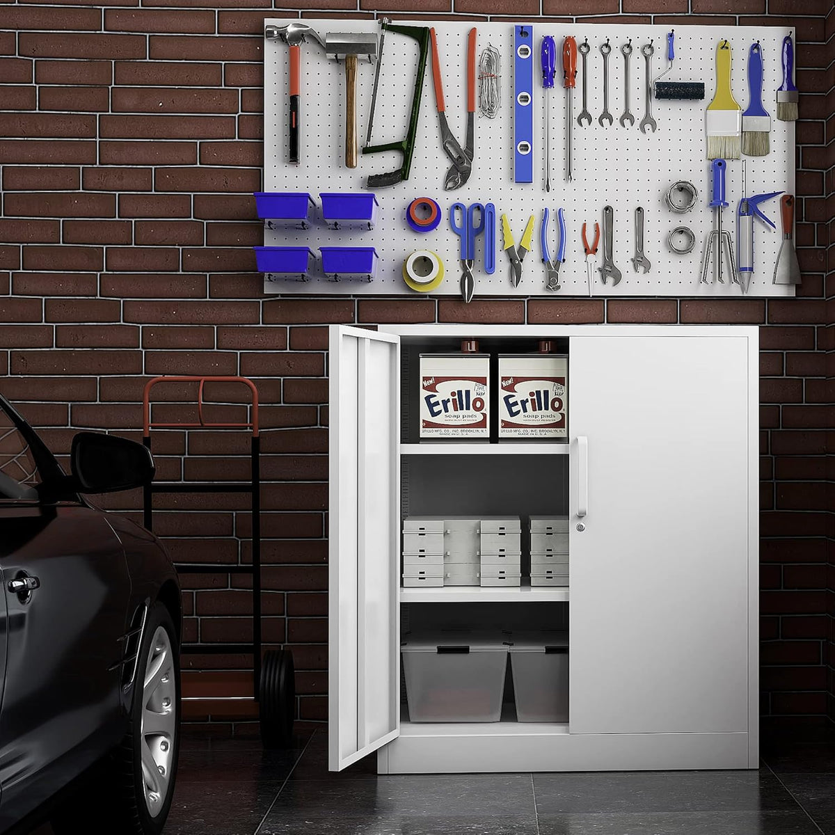 Metal Storage Cabinet, Lockable Steel Storage Cabinet with 2 Doors and Shelves, Metal Cabinet with Lock, Small Locking Cabinet for Home Office (White)