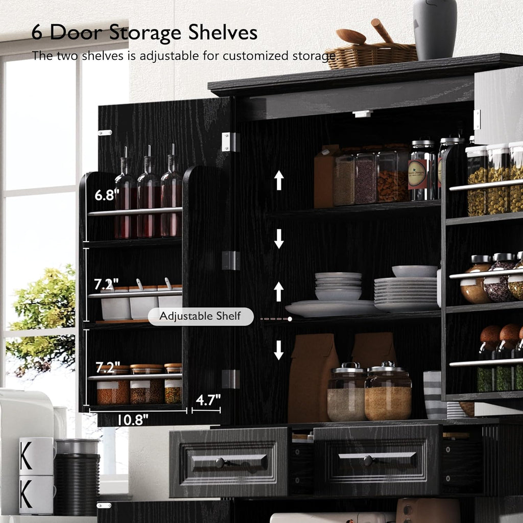 Virubi 71" Tall Kitchen Pantry Cabinet with 3 Pull Out Cabinet Organizers, Farmhouse Embossed Texture Storage Cupboard with Door Shelves, Adjustable Shelves, Anti-Tip Kit for Kitchen & Dining (Black)