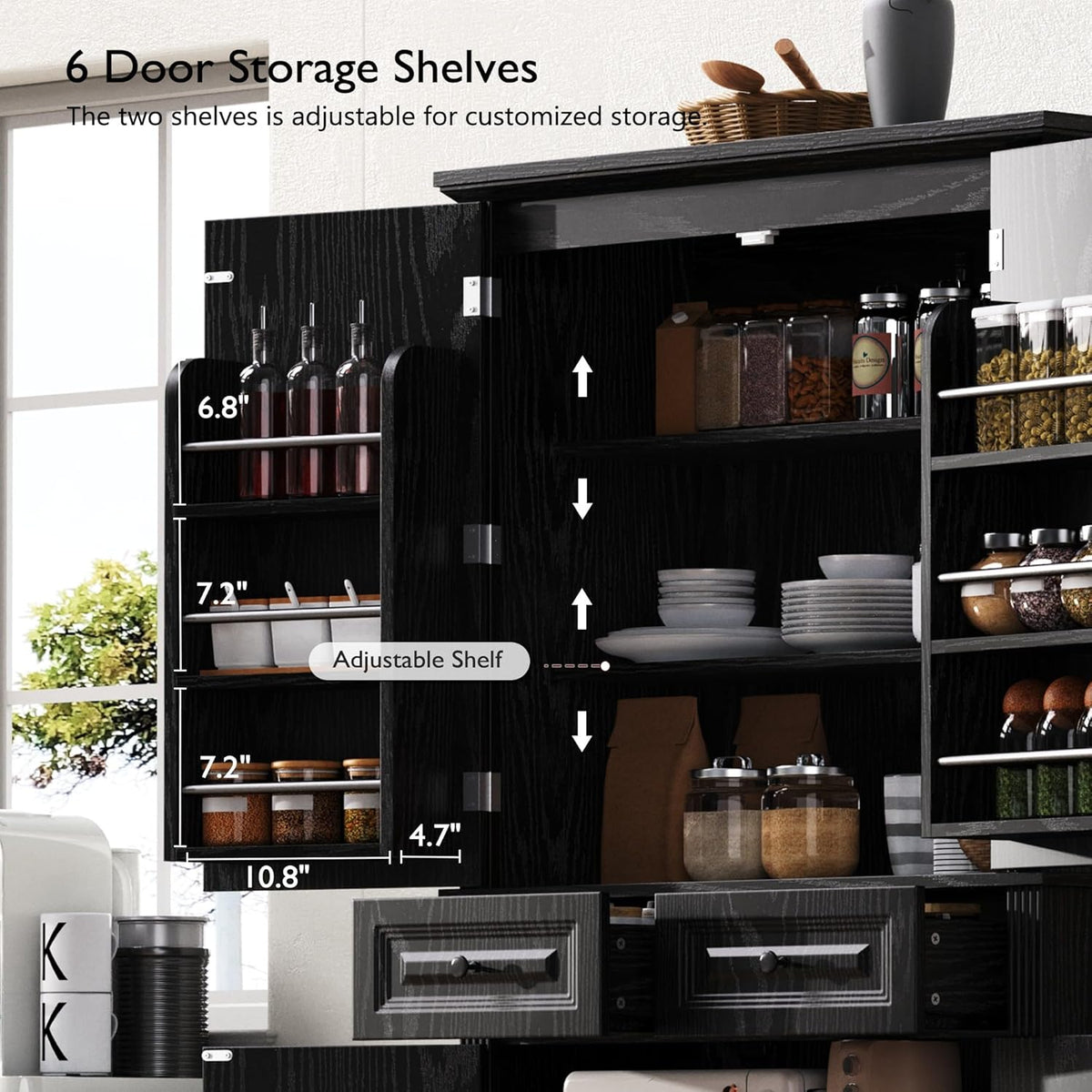 71" Tall Kitchen Pantry Cabinet, Freestanding Pantry Storage Cabinet with 3 Pull Out Organizers, 6 Door Shelves & 2 Drawers, Farmhouse Embossed Texture Cupboard for Kitchen, Dining Room, Black