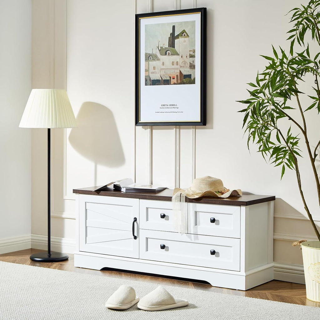 SOOWERY 48 Inch End of Bed Storage Bench, Farmhouse Bed Bench with Drawers and Cabinet, Rustic Shoe Storage Bench for Entryway, Bedroom,Living Room, White