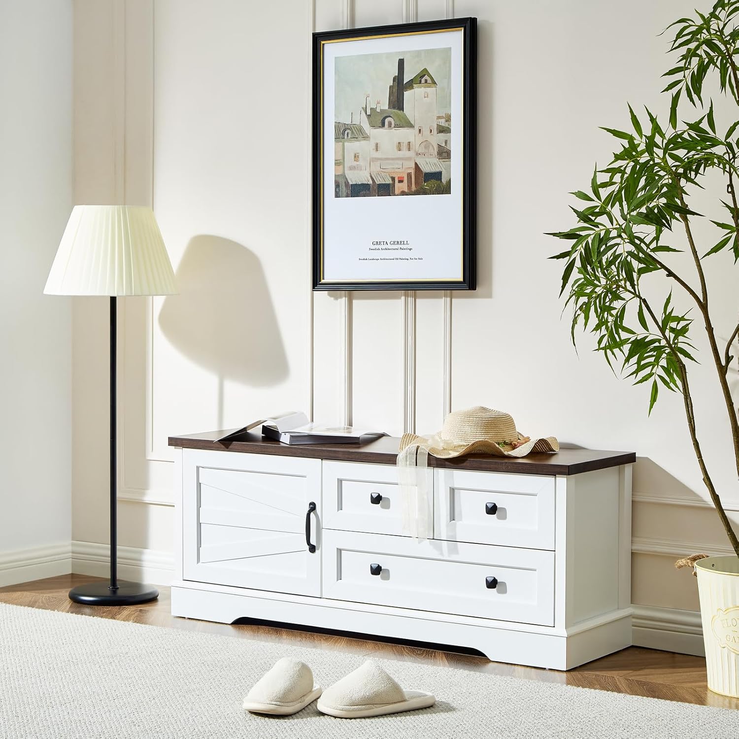 SOOWERY 48 Inch End of Bed Storage Bench, Farmhouse Bed Bench with Drawers and Cabinet, Rustic Shoe Storage Bench for Entryway, Bedroom,Living Room, White