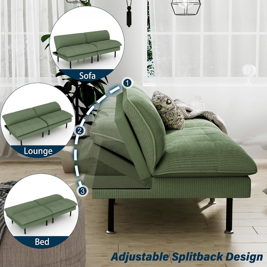 Ribilake 2 Sets 70" Futon Sofa Bed, 4 in 1 Multi-Function Couch Sleeper with Adjustable Backrest, Modern Convertible Futon, Recliner Small Loveseat for Living Room, Green