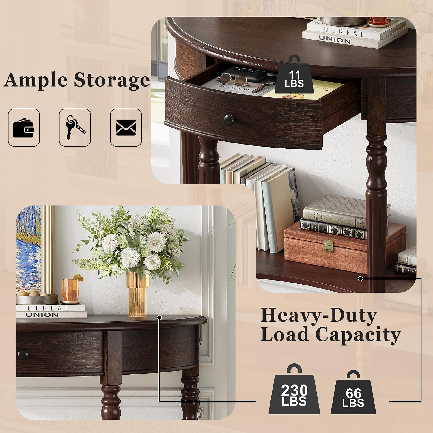LUMISOL Half Moon Console Table with Drawer, 39'' Farmhouse Entryway Table with Shelf, Rustic Sofa Tables for Living Room Foyer Hallway, Espresso