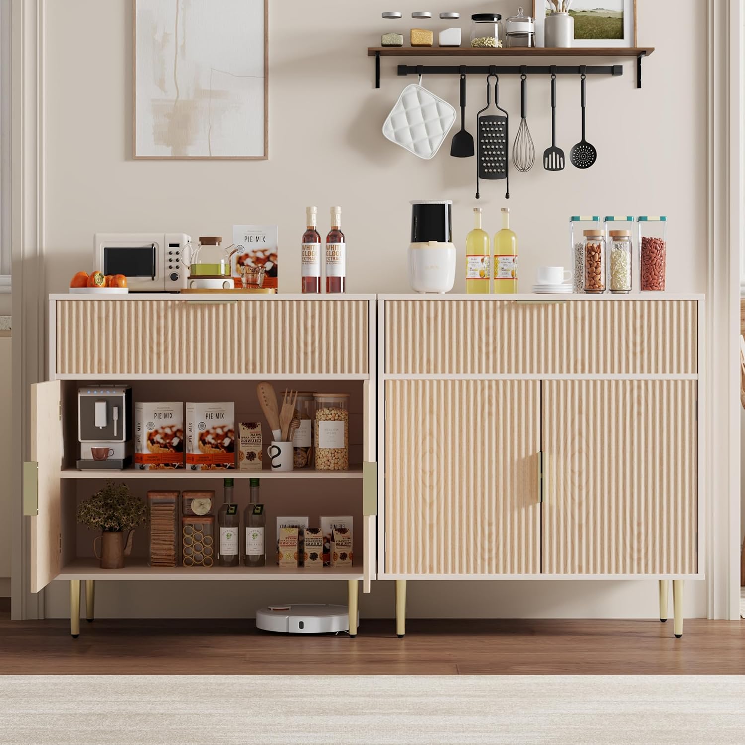 Housoul Sideboard Buffet Cabinet with 2 Doors & Drawer, Coffee Bar with Adjustable Shelves, Liquor Cabinet with Storage, Accent Cabinet Console Table for Living Dining Room, Oak