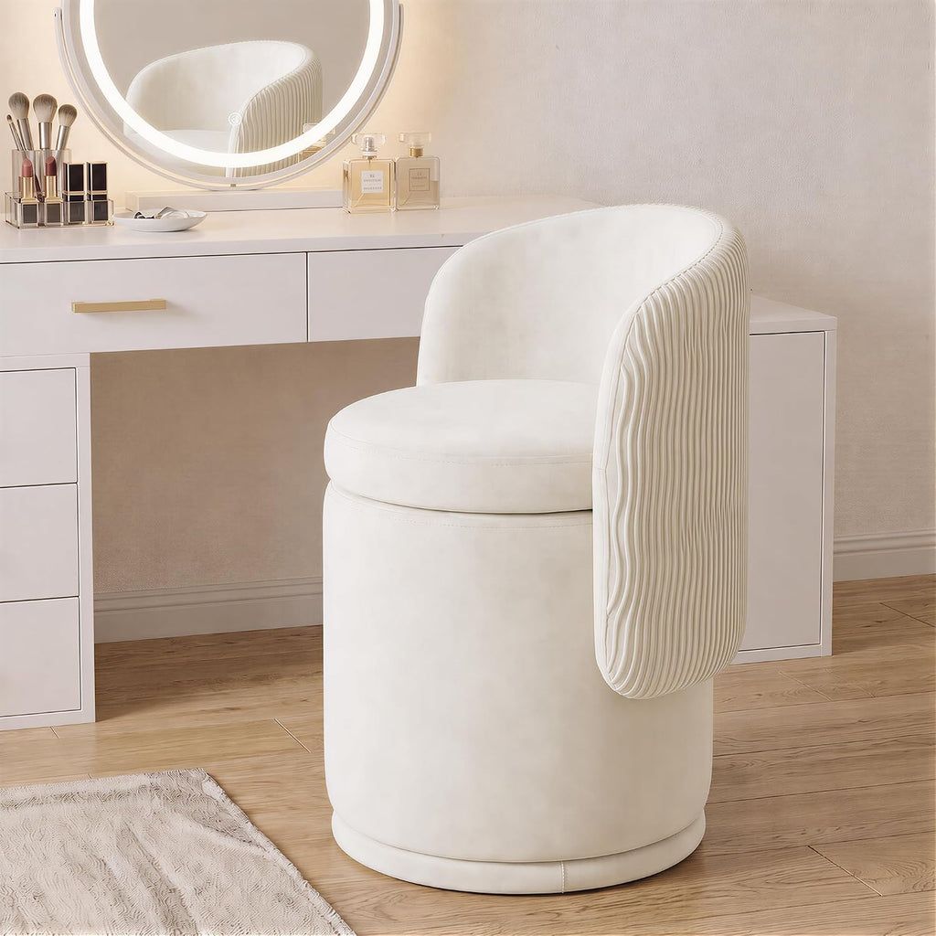 MALOL Ottoman with Storage, Swivel Vanity Stool with Back | 13GAL Velvet Makeup Stool with Reversible Lid, Multi-Functional Makeup Footstool for Bedroom, Beige