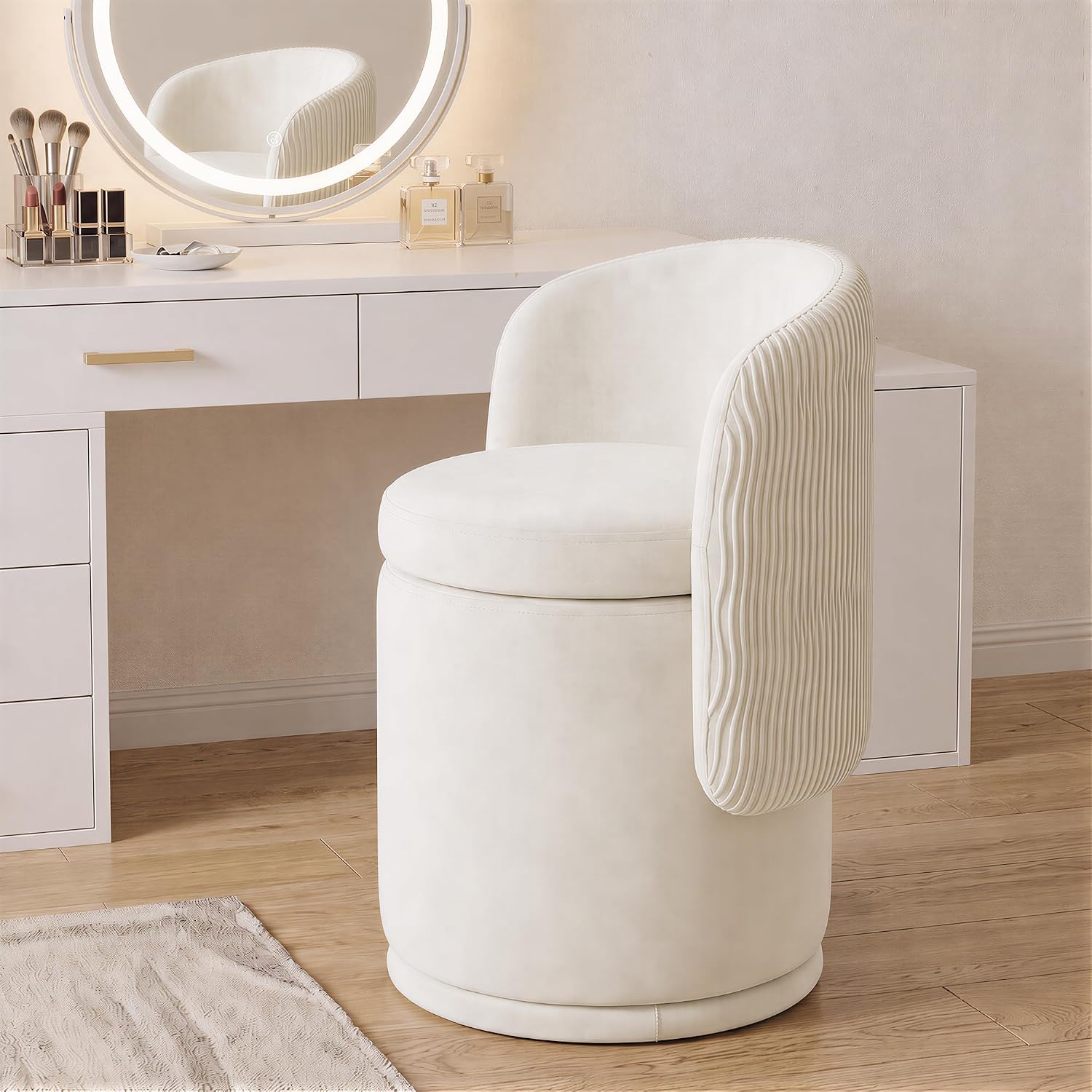 MALOL Ottoman with Storage, Swivel Vanity Stool with Back | 13GAL Velvet Makeup Stool with Reversible Lid, Multi-Functional Makeup Footstool for Bedroom, Beige