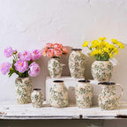 Vintage Pastoral Octagonal Vase, Green and Beige Retro Ceramic Flower Vases, Rustic Farmhouse Vases Chinoiserie Floral Small Vase for Home Decor, Living Room, Kitchen, Bedroom and Shelf 6.7 Inch