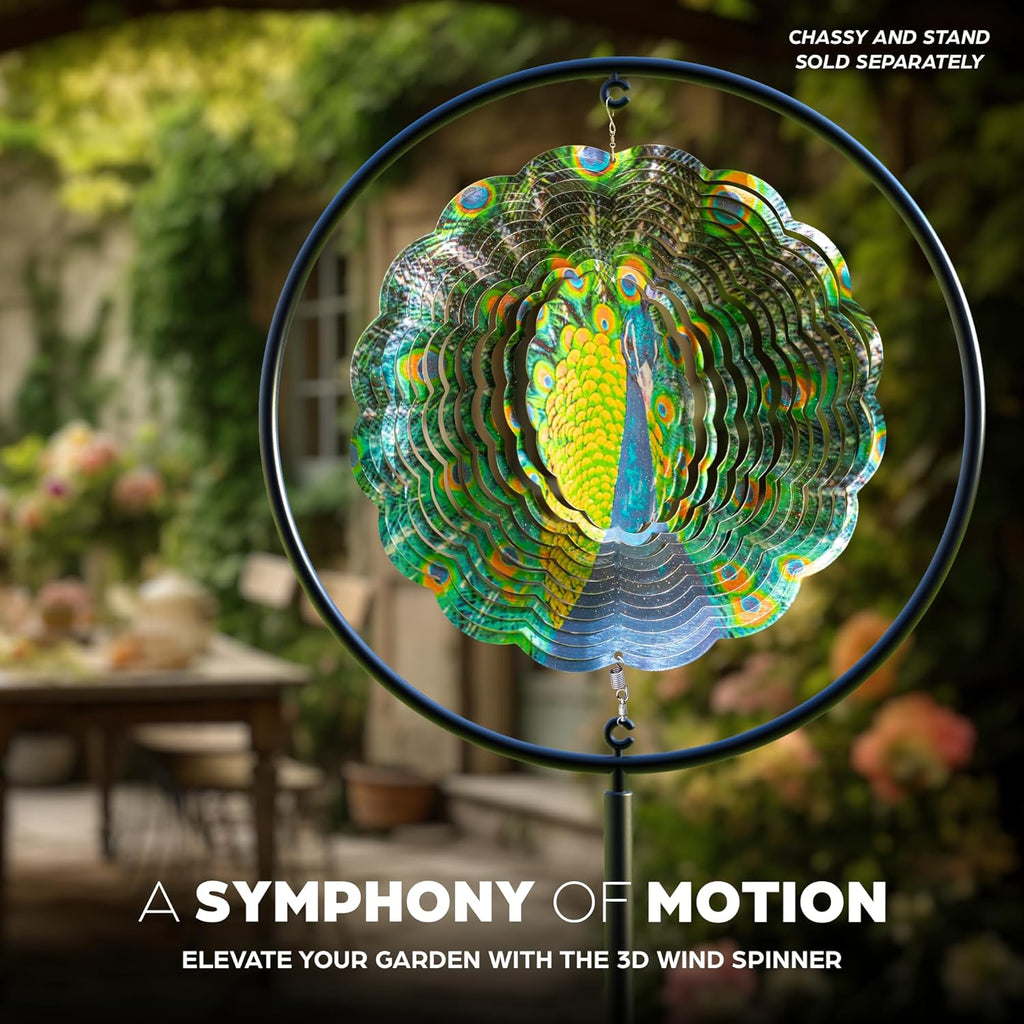 Skylar Peacock Wind Spinner, Stainless-Steel Garden Decor, 3D Wind Decoration with Holographic Effect, Unique 12-Inch Sun Catcher, Foldable Ornament, Support Hook Holes for Hanging, Hooks Not Included