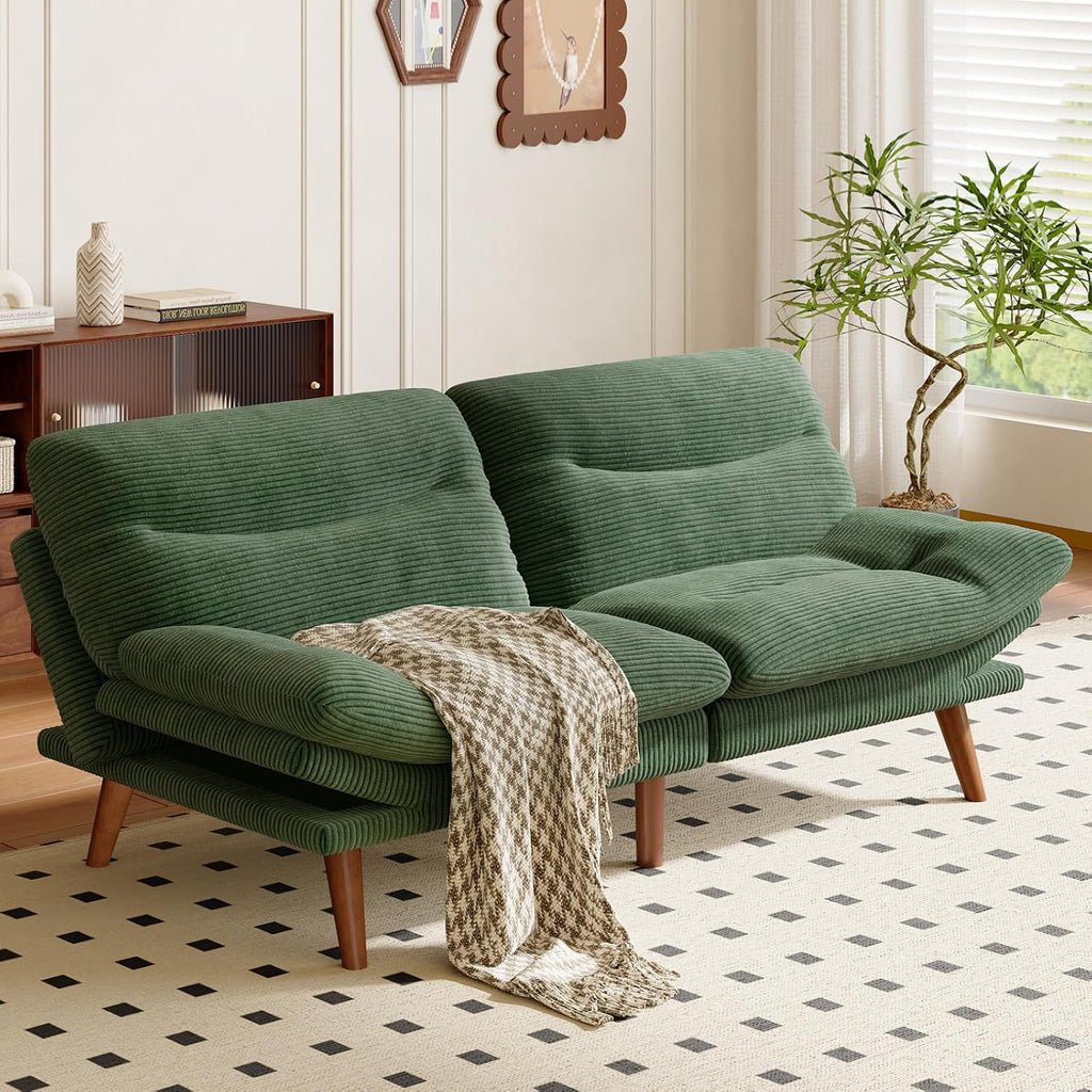 Amada 75" Convertible Futon Sofa Bed, Corduroy Folding Futon Set with Adjustable Backrest &Armrests, Recliner Lounge for Living Room, Apartment or Office, Solid Wood Frame, Loveseat Sofa -Forest Green