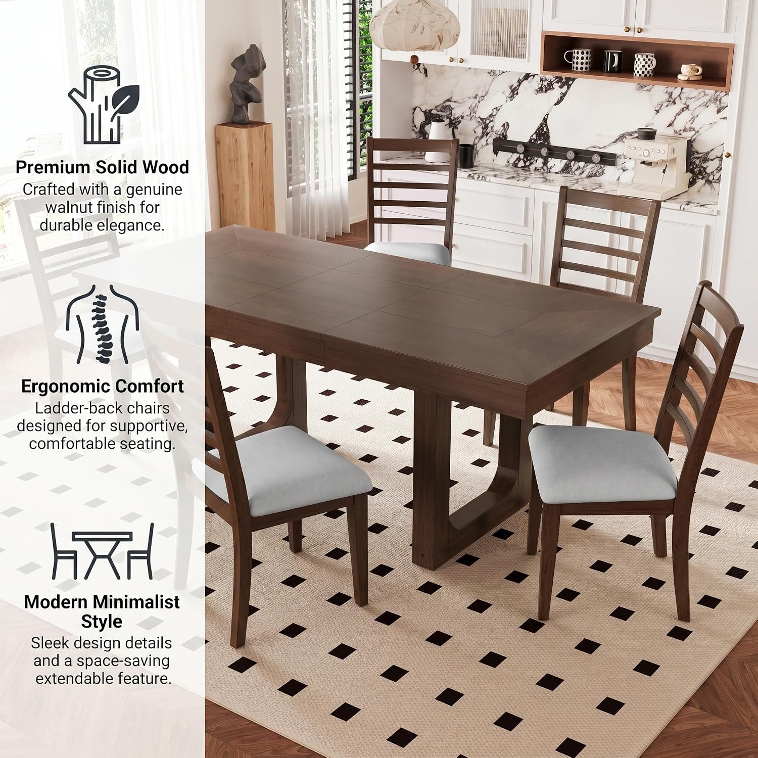 Farmhouse Extendable Dining Table Set with 8x10 Beige Washable Non-Slip Area Rug for Living Room, Bedroom, and Hallway