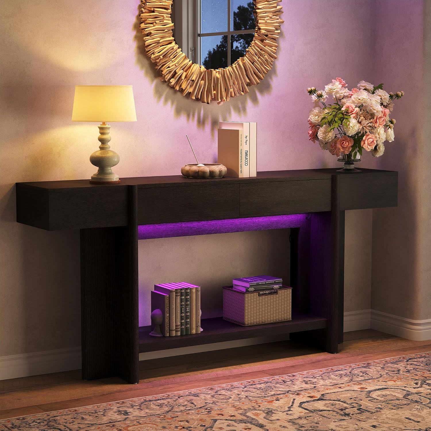 Einhomn 70.8" Long Console Table, 2 Drawer Entryway Table with Colorful LED Lights, Farmhouse Entry Way Table with Open Storage, Narrow Long Sofa Table for Entrance, Living Room, Hallway, Black