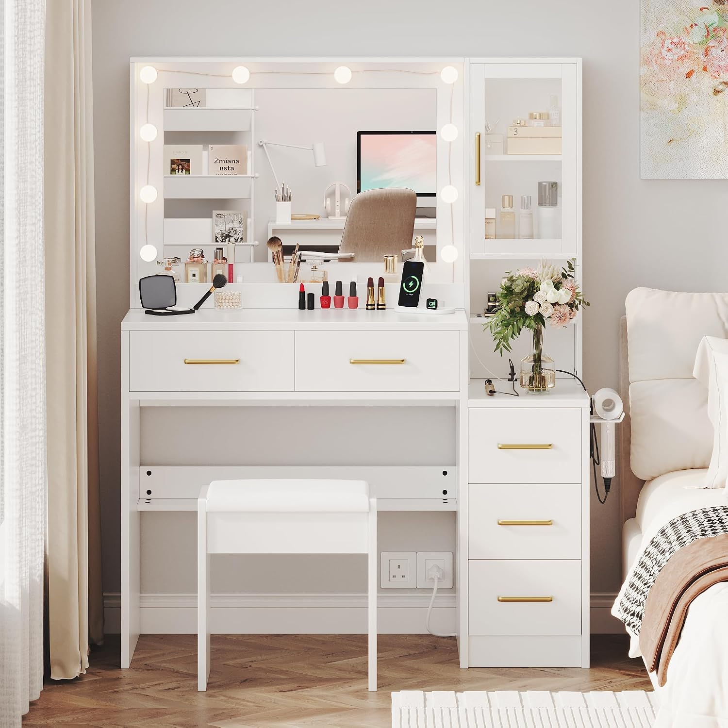 TOKSOM Makeup Vanity with Lights & Charging Station, White Vanity Table with 5 Drawers & Open Storage Shelves, Bedroom Makeup Dressing Table Set for Women Girls