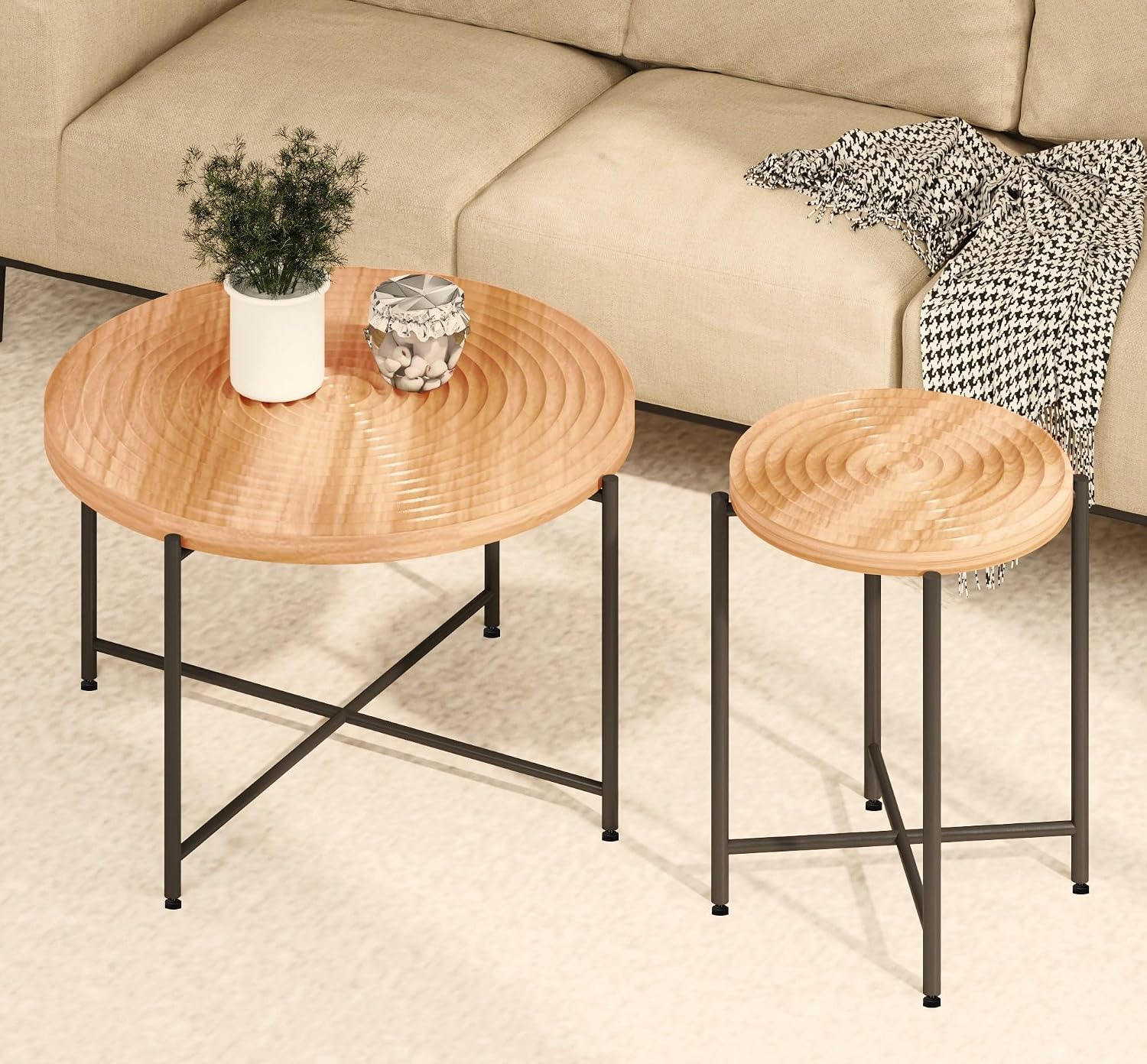Coffee Table Set, End Table, MDF Living Room Tables with PVC Cover, Cylindrical Design, Black Metal Legs, Red Cedar-Brown, 2-Piece
