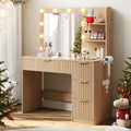 LUXOAK 36" Makeup Vanity Desk with Mirror & LED Lights, Oak | Fluted Vanity Table with 4 Drawers, Glass Top & Charging Station, Dressing Table for Bedroom, Women & Girls