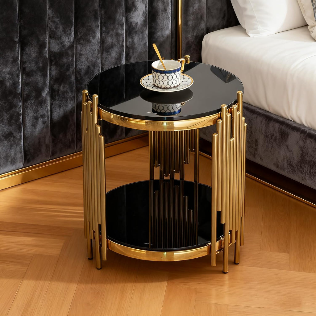 17.72" Round Glass End Table Black, Modern Gold Living Room Table with Stainless Steel Irregular Leg, Small Sofa Side Tables Coffee Tables for Home Office, Black