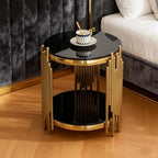 17.72" Round Glass End Table Black, Modern Gold Living Room Table with Stainless Steel Irregular Leg, Small Sofa Side Tables Coffee Tables for Home Office, Black