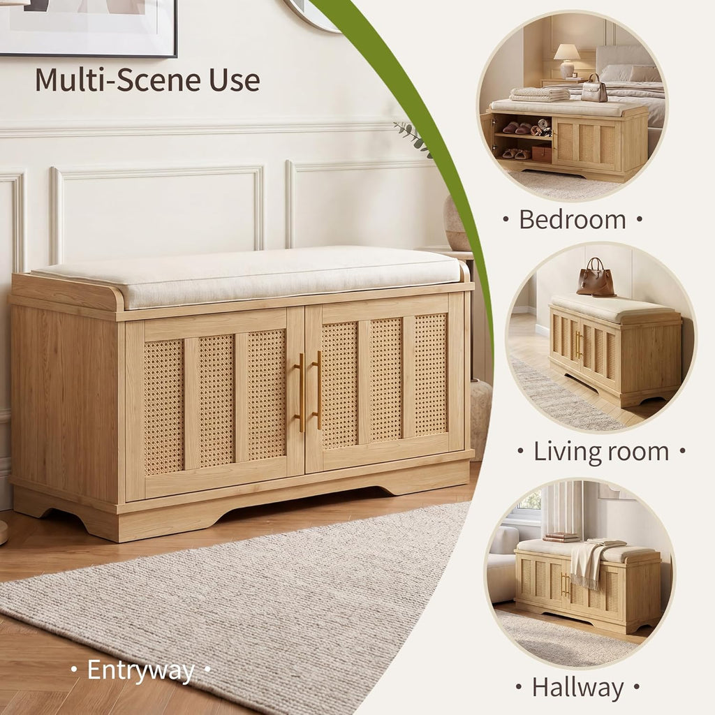 Heybly Shoe Cabinet with Bench, Rattan Entryway Storage Bench with Cushion, Shoe Storage Bench Cabinet with 2 Doors, Adjustable Shelves, Wooden Shoe Bench 31.5" for Living Room Bedroom Hallway HSB001N