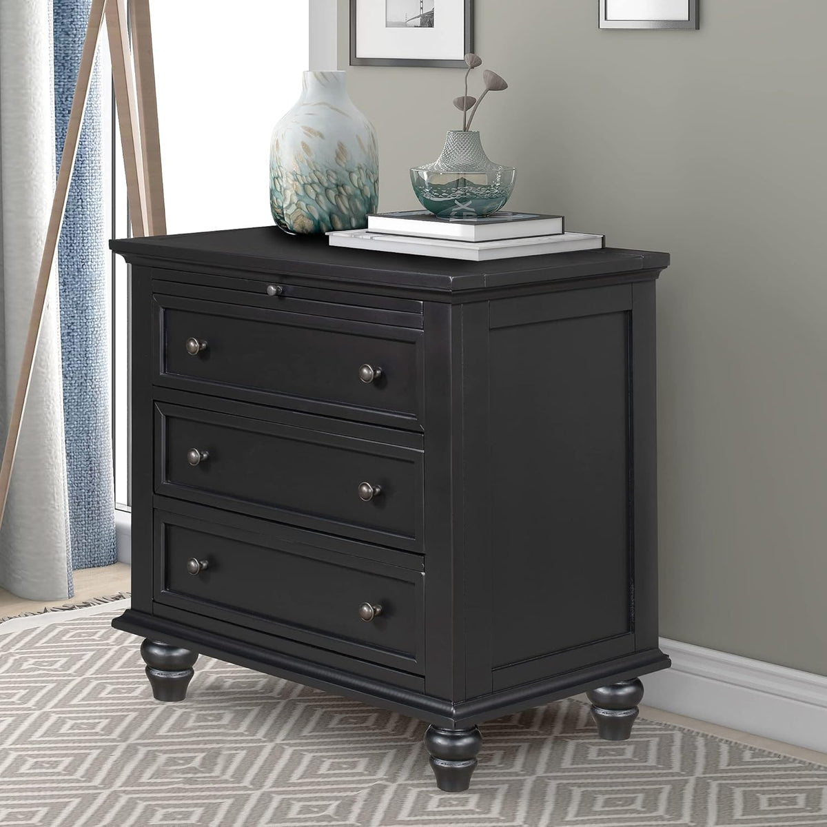 3-Drawer Storage Wood Cabinet, End Table Set of Two with Pull Out Tray As A Bedside Table, A Sofa Side Table, Or As A Decorative Piece for Living Room Or Study Room (Black-09)