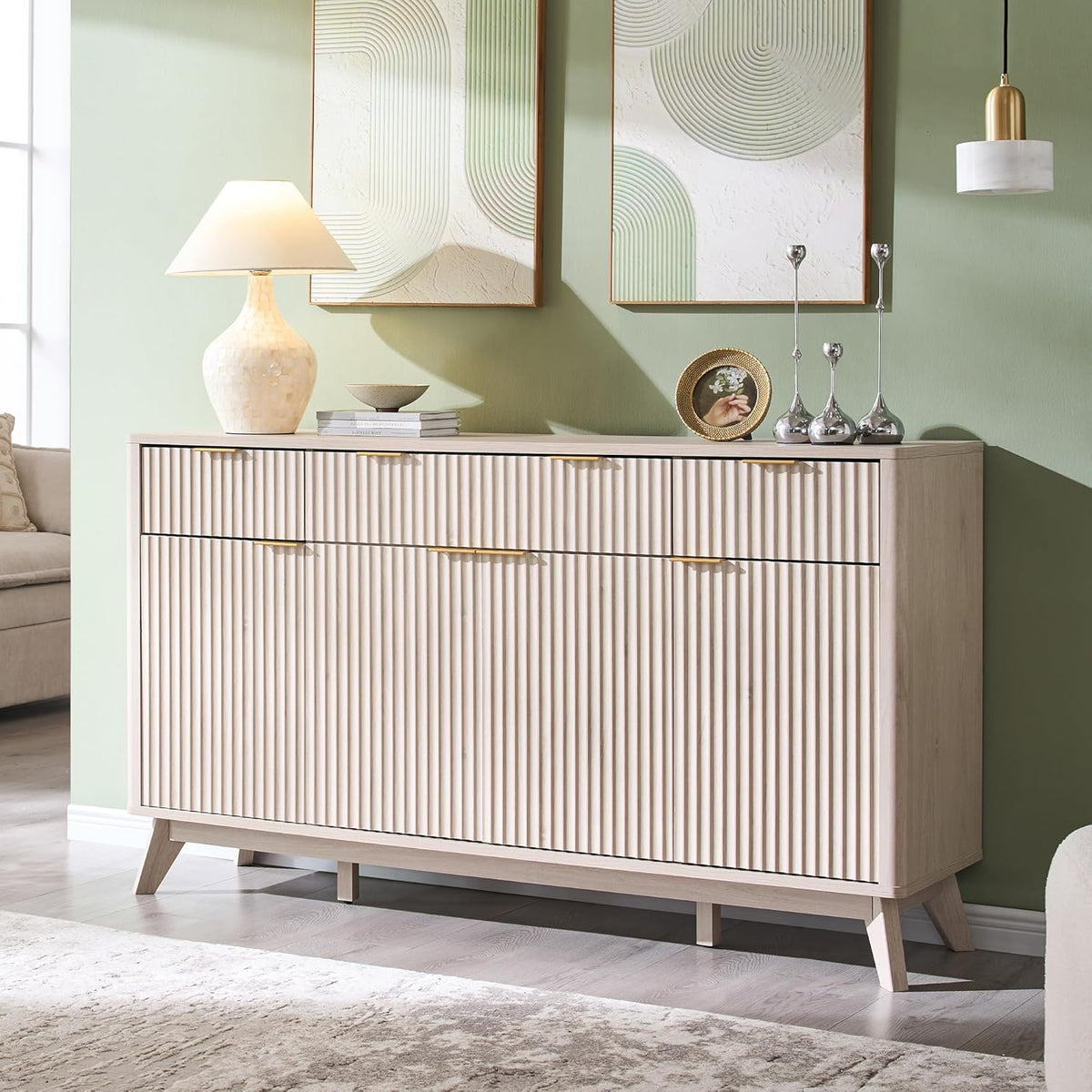 OKD Fluted Storage Cabinet with Drawers, 60" Morden Buffet Sideboard Coffee Bar Cabinet with 4 Doors and 3 Drawers for Dining Room, Living Room,Hallway (White Alder)