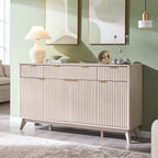T4TREAM Large Buffet Sideboard Cabinet with Storages, 60" Fluted Modern Buffet Table Coffee Bar Wine Bar Storage Cabinet with 3 Drawers & 4 Doors for Dining Room, Living Room, Hallway(White Alder)