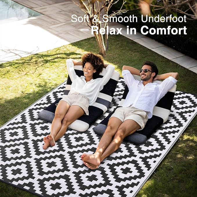 OLANLY Waterproof Outdoor Rug 8x10 ft, Outdoor Plastic Straw Rug for Camping, RV Mat Outside, Indoor Outdoor Carpet for Porch, Deck, Backyard, Balcony, Picnic, Black & White