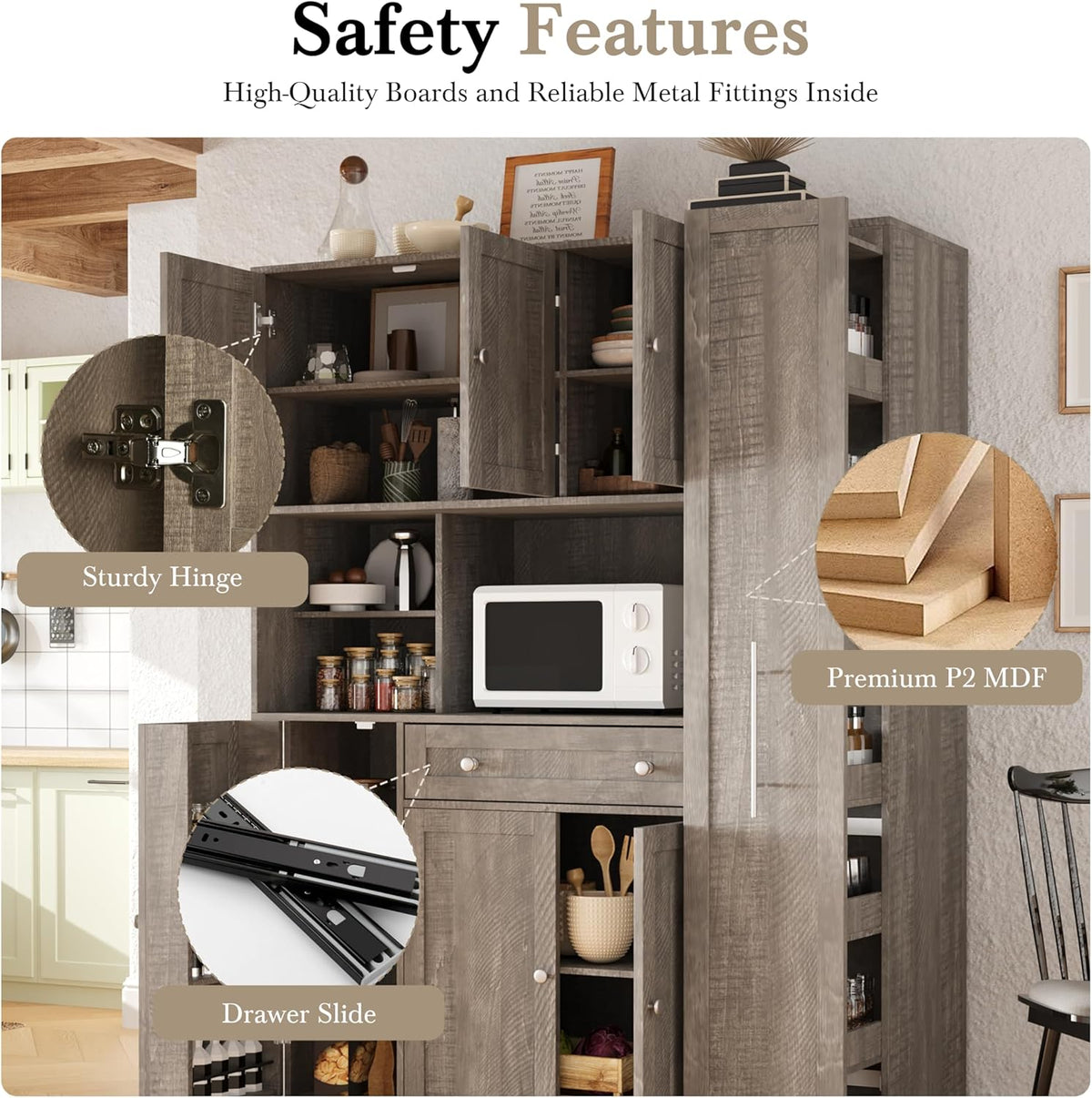 roomfitters Large Kitchen Pantry Cabinet with Pull-Out Side Storage and Hutch, Shaker Style Buffet, Brown