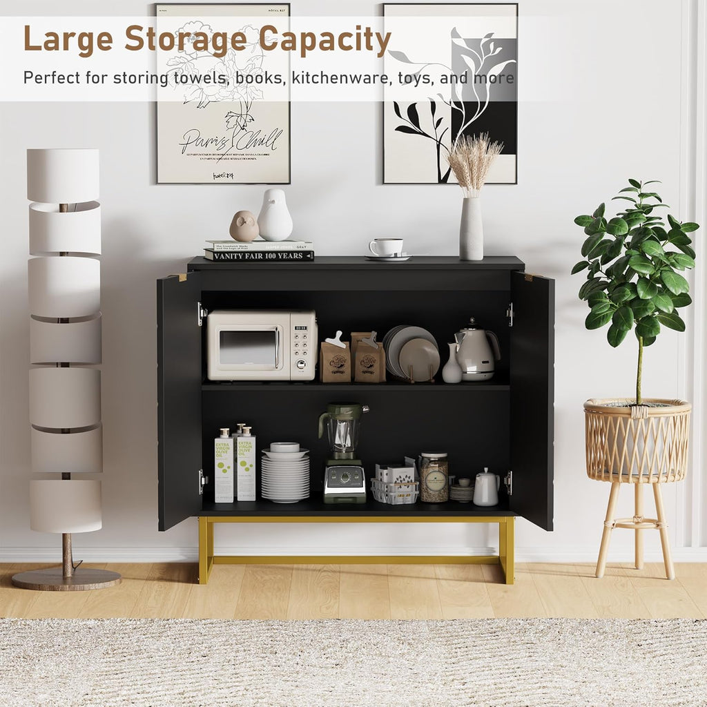 Garvee 31.5 in Modern Sideboard Buffet Cabinet with Storage, Wood Accent Storage Cabinet with Herringbone Doors & Shelf, Credenza Console Table for Dining Room Living Room Entryway, Black
