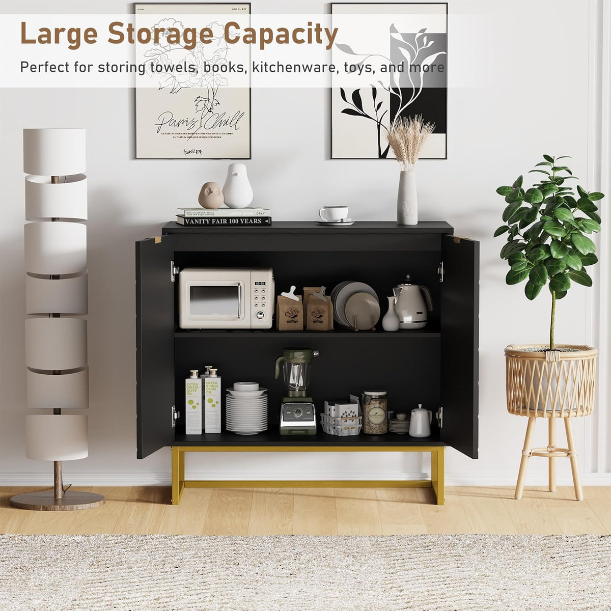 Garvee 31.5 in Modern Sideboard Buffet Cabinet with Storage, Wood Accent Storage Cabinet with Herringbone Doors & Shelf, Credenza Console Table for Dining Room Living Room Entryway, Black