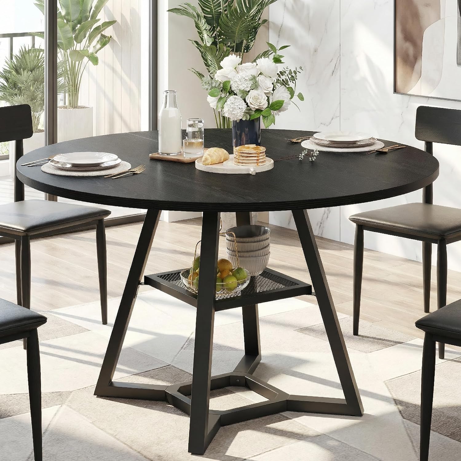knoworld Round Dining Table for 4-6 with Storage Shelf, Kitchen & Dining Room Circle Pedestal Table, Heavy Duty Metal Frame & Wood Top