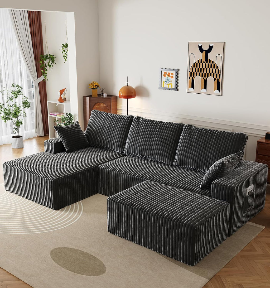 108" U-Shape Modular Sectional Cloud Couch with Ottoman, Deep Seat Couch with Oversized Chaise Lounge, Comfy Flannel Fabric Sofa for Living Room Bedroom Apartment Game Room Basement