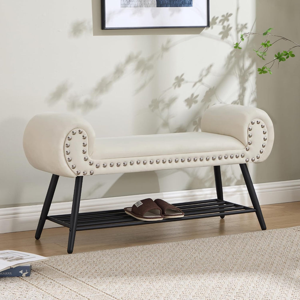 45" Upholstered Storage Shoe Bench, Velvet Fabric End of Bed Bench with Metal Shelf, Modern Bedroom Bench with Rolled Arms, Entryway Window Bench with Storage for Living Room, Hallway, Cream