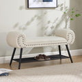 45" Upholstered Storage Shoe Bench, Velvet Fabric End of Bed Bench with Metal Shelf, Modern Bedroom Bench with Rolled Arms, Entryway Window Bench with Storage for Living Room, Hallway, Cream