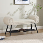 45" Upholstered Storage Shoe Bench, Velvet Fabric End of Bed Bench with Metal Shelf, Modern Bedroom Bench with Rolled Arms, Entryway Window Bench with Storage for Living Room, Hallway, Cream