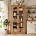70" Kitchen Pantry Storage Cabinet - Modern Display Pantry Storage with 4 Arched Glass Doors and Adjustable Shelves, Versatile Cupboard Organizers for Kitchen, Dining Room, Living Room, Maple