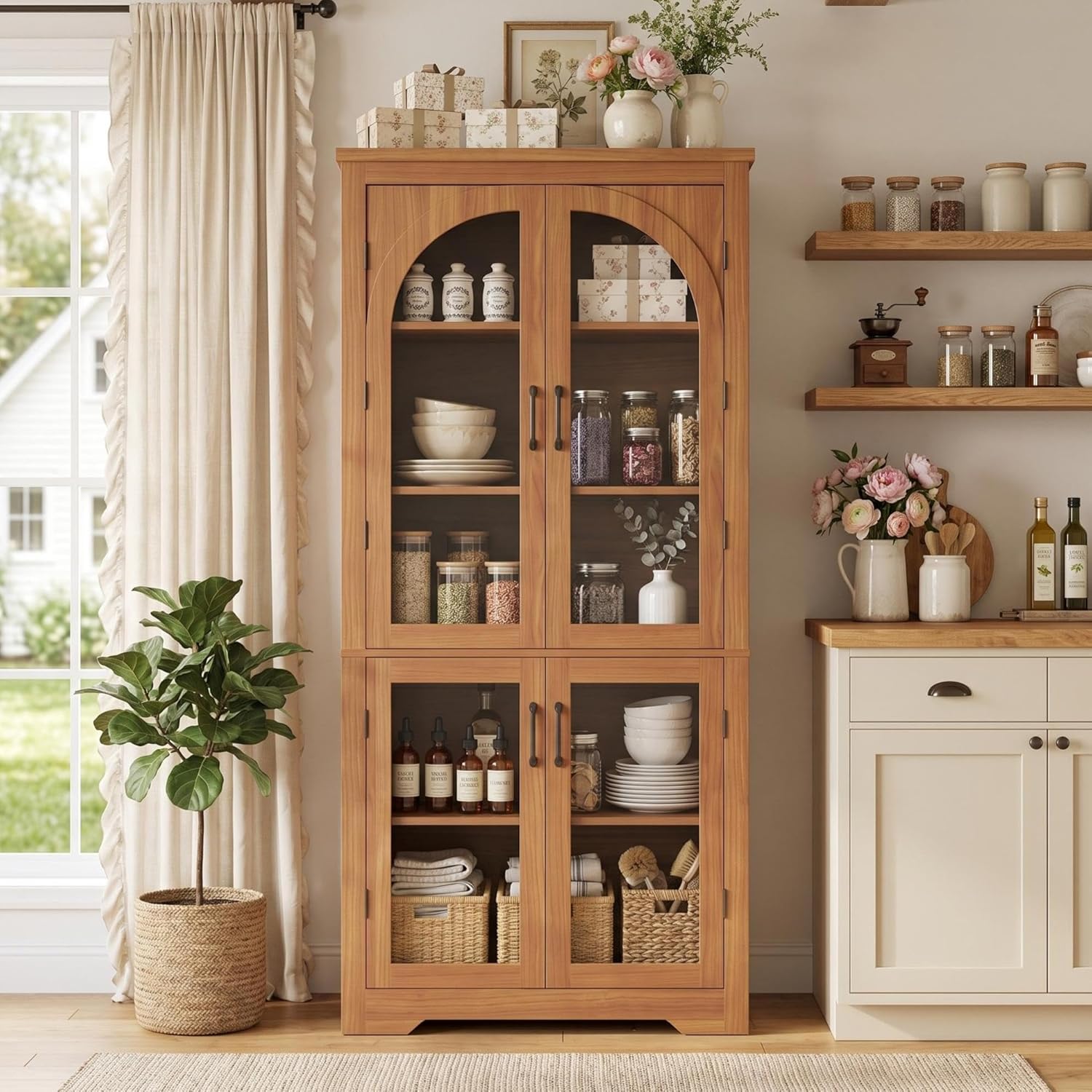70" Kitchen Pantry Storage Cabinet - Modern Display Pantry Storage with 4 Arched Glass Doors and Adjustable Shelves, Versatile Cupboard Organizers for Kitchen, Dining Room, Living Room, Maple