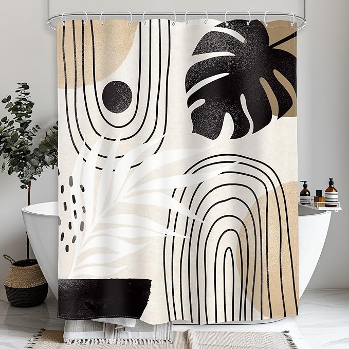 Glawry Boho Mid Century Shower Curtain Small Stall Abstract Black Beige Brown Plant Tropical Palm Leaf Minimalist Bathroom Modern 48Wx72L Inches Bath Accessories Art Home Decor Fabric 8 Pack Hook
