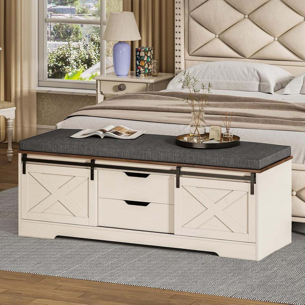 UPOSOJA 60“ Farmhouse Storage Bench with Cushion, Shoe Rack with Slide Barn Doors, Adjustable Shelf and 2 Drawer for Entry, Bedroom, Closet, Living Room, Hallway (White Brown, 60 in)