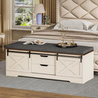 UPOSOJA 60“ Farmhouse Storage Bench with Cushion, Shoe Rack with Slide Barn Doors, Adjustable Shelf and 2 Drawer for Entry, Bedroom, Closet, Living Room, Hallway (White Brown, 60 in)