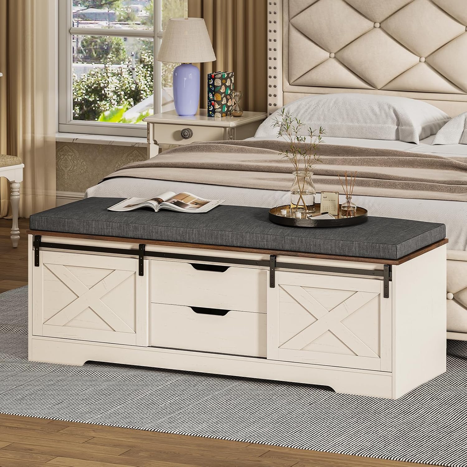 UPOSOJA 60“ Farmhouse Storage Bench with Cushion, Shoe Rack with Slide Barn Doors, Adjustable Shelf and 2 Drawer for Entry, Bedroom, Closet, Living Room, Hallway (White Brown, 60 in)