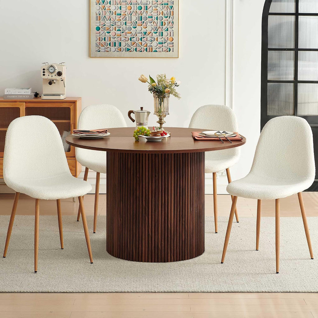 Dining Table Set for 4, Mid Century Modern 47 Inch Wooden Round Dining Table Set, Space Saving (Table + 4 White Chairs)
