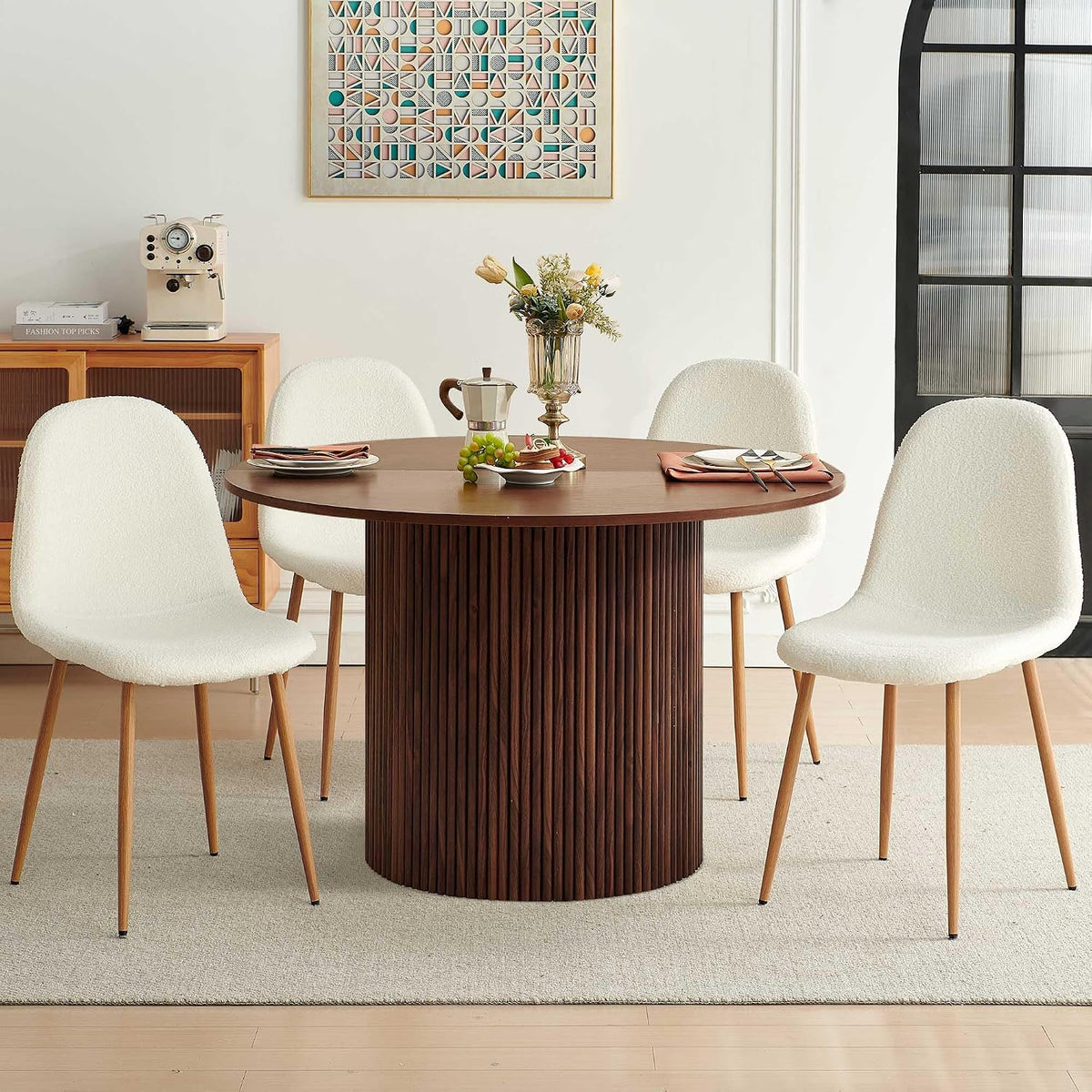 Dining Table Set for 4, Mid Century Modern 47 Inch Wooden Round Dining Table Set, Space Saving (Table + 4 White Chairs)