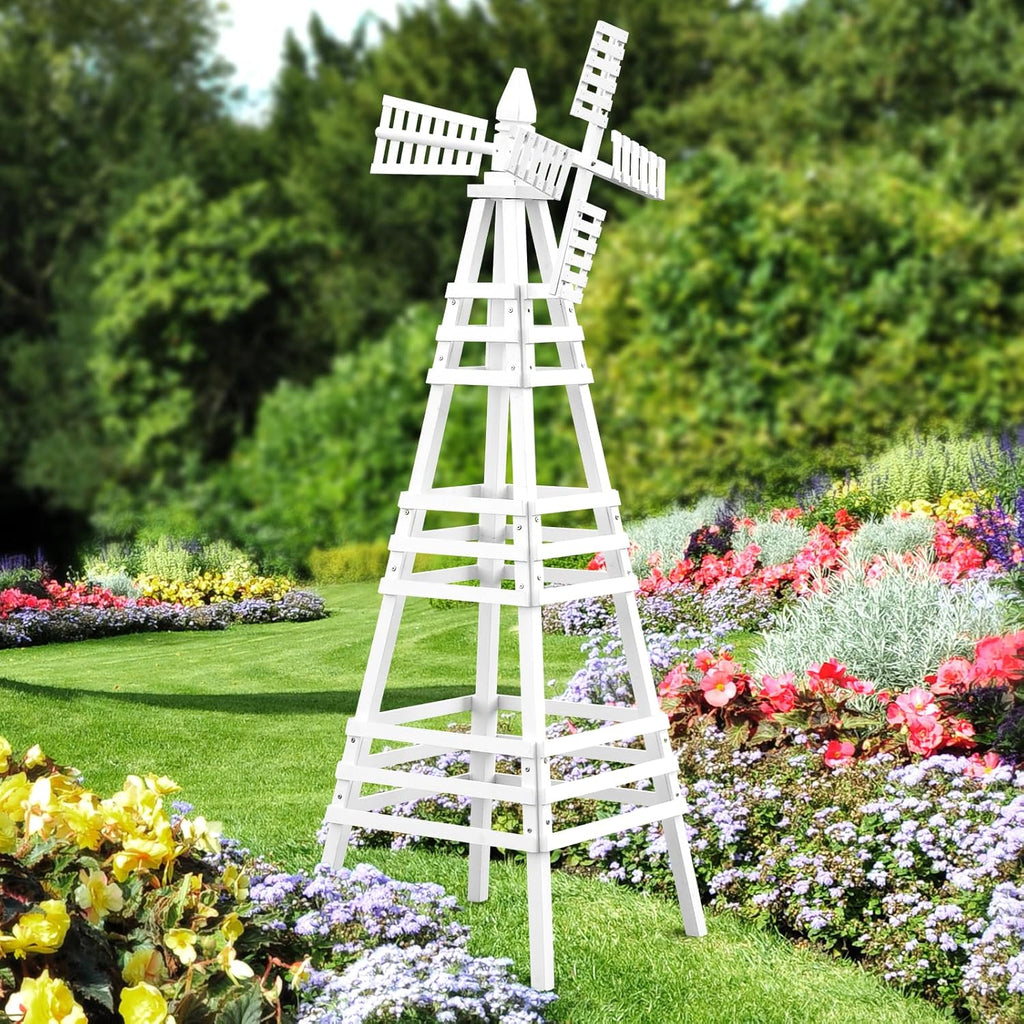 Wooden Windmill, Weather-Proof Wind Spinner, Outdoor Wind Mill for Garden Lawn Patio Decoration (White, Large)