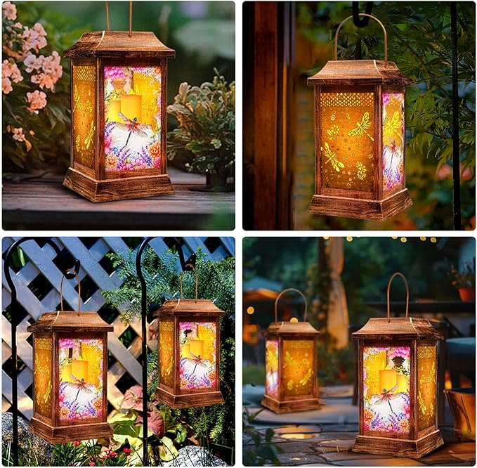 Dragonfly Solar Lanterns Outdoor Waterproof, Metal & Glass Hanging Lights Garden Decor, Birthday Gifts for Women Mom Grandma Mothers Day, Decorative Lights for Outside Yard Patio Backyard Porch