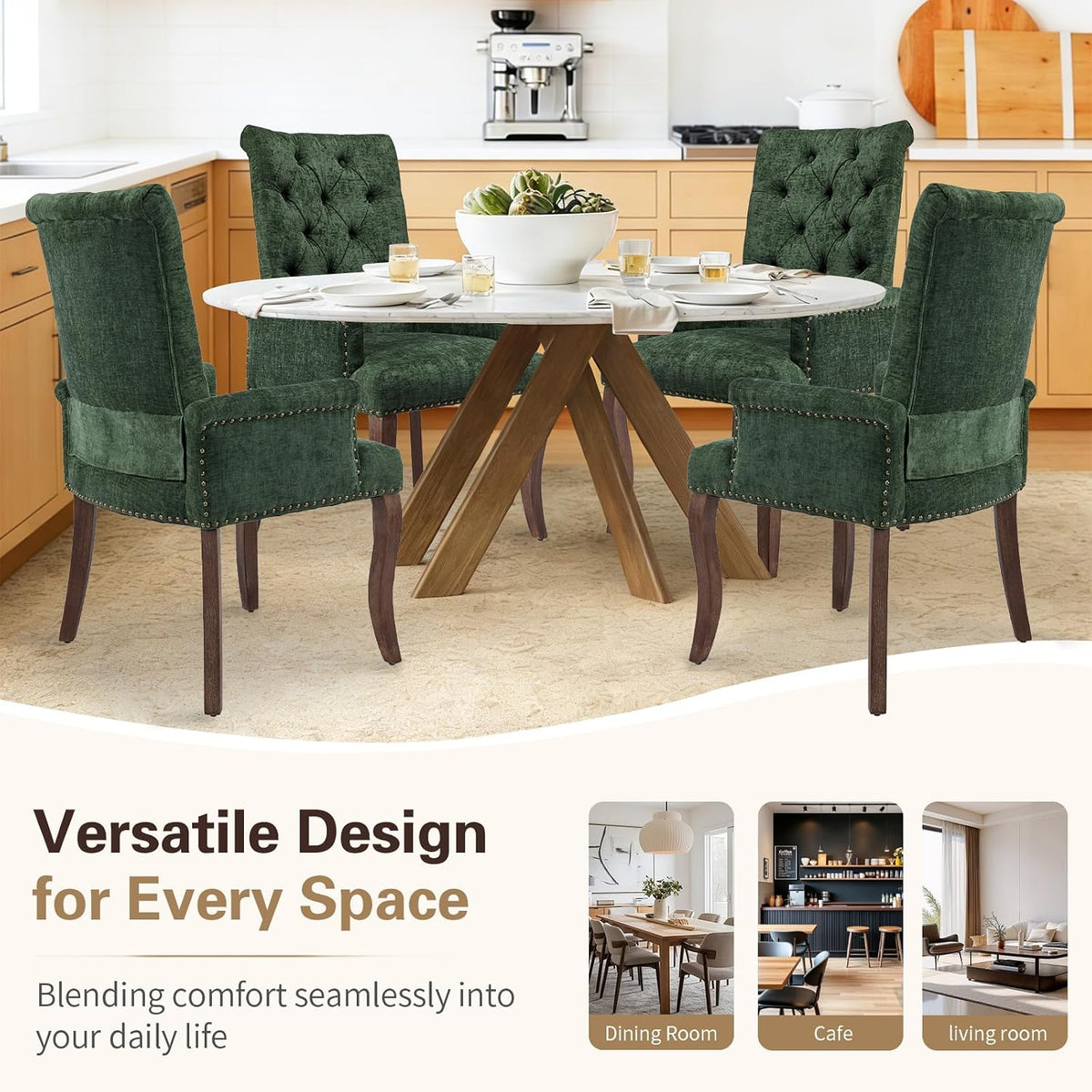 cinkehome Set of 4 Upholstered Dining Chairs, Dining Room Kitchen Chair with Armrest and Solid Wood Leg, Mid Century Modern Side Chairs (Olive Green, Chenille)