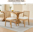 ODUSE-DAILY French Country Rattan Dining Chairs Set of 4, Beige Farmhouse Kitchen & Dining Room Chairs, Wood Dining Chair with Cane Back & Linen Upholstered Seat, Solid Wood Frame
