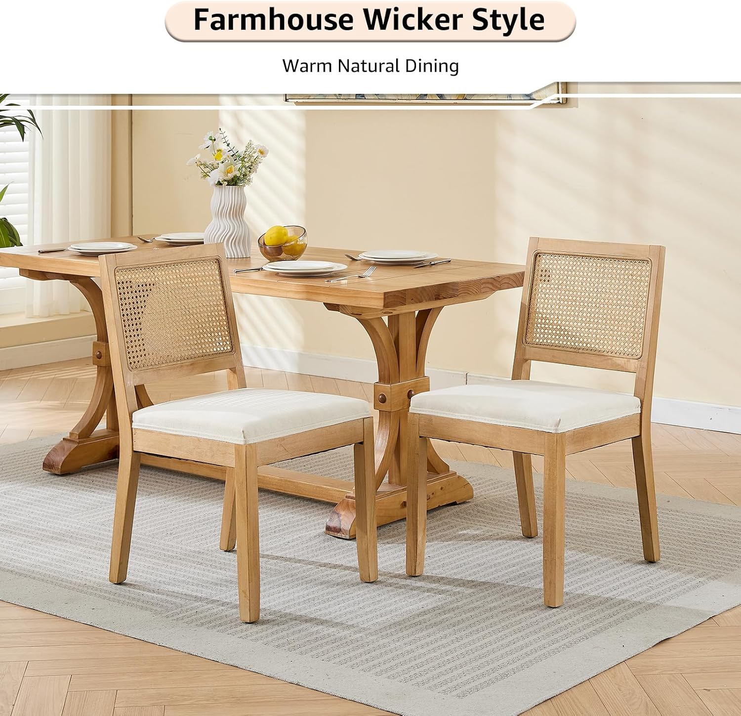ODUSE-DAILY French Country Rattan Dining Chairs Set of 4, Beige Farmhouse Kitchen & Dining Room Chairs, Wood Dining Chair with Cane Back & Linen Upholstered Seat, Solid Wood Frame