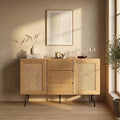 NTC MOSSIC Sideboard with 2 Doors and 3 Drawers, Buffet Cabinet with Natural Rattan and Metal Legs, Modern Storage Cabinet for Living Room, and Hallway, Effortless Assembly, Sand