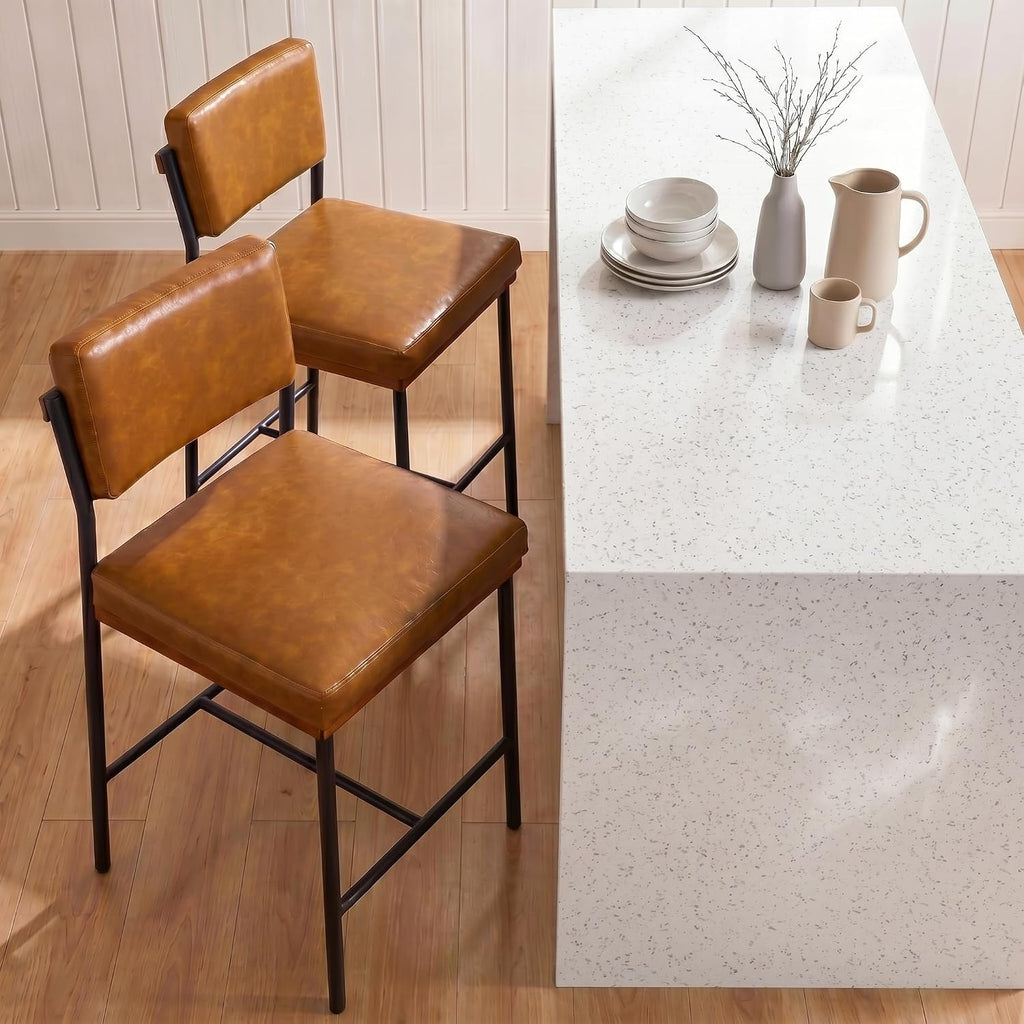 Faux Leather Bar Stools Set of 2,26 Inch Modern Counter Height Bar Stools for Kitchen Island,Counter Stools with Wide Back Sturdy Metal Legs,Brown