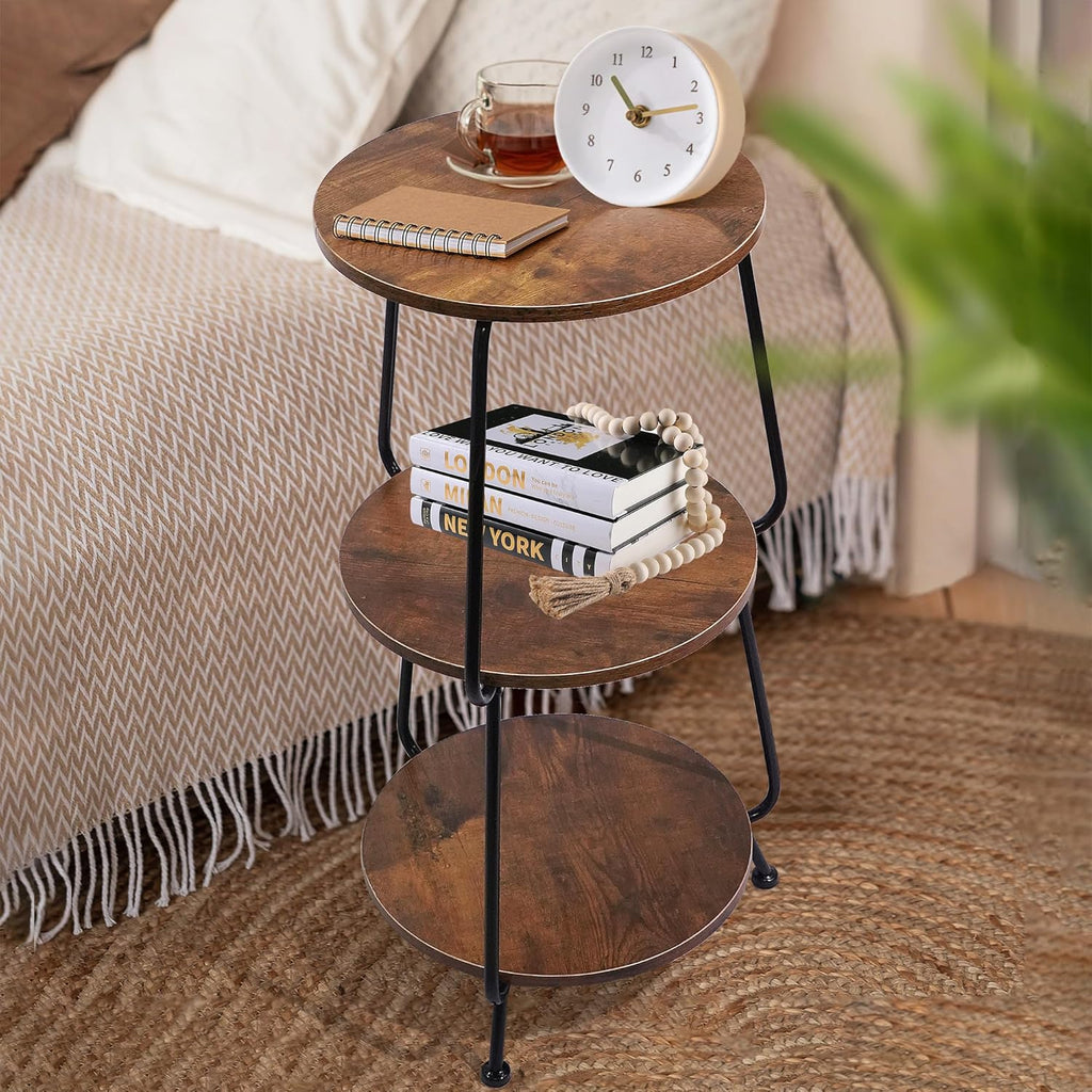 Small Round Side Table - 3 Tier End Table with Storage Shelf, Slim Industrial Coffee Table for Small Spaces, Living Room & Bedroom Narrow Gaps, Rustic Brown